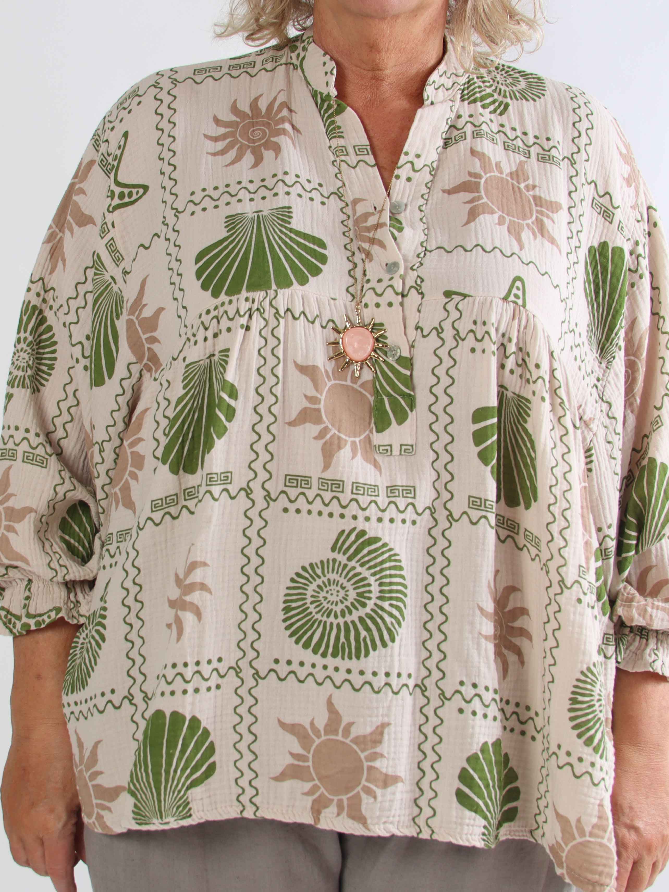 Diva - Mønstret plus size tunikaskjorte i blødt bomuldsbæk-og-bølge-stof